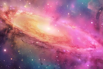 This photo captures a vibrant space filled with numerous stars, creating a mesmerizing scene, A candy-colored depiction of Andromeda galaxy, AI Generated