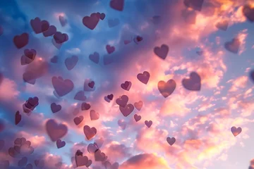 Fotobehang A sky filled with numerous heart shaped balloons floating in the air against a blue backdrop, A candy heart-filled sky against a pastel twilight, evoking a dream-like feeling, AI Generated © Ifti Digital