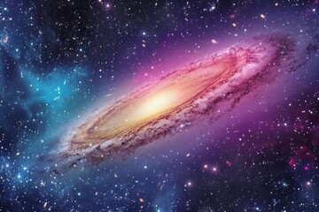The Andromedus galaxy occupies the forefront of the image while numerous stars create a dazzling backdrop, A candy-colored depiction of Andromeda galaxy, AI Generated - obrazy, fototapety, plakaty