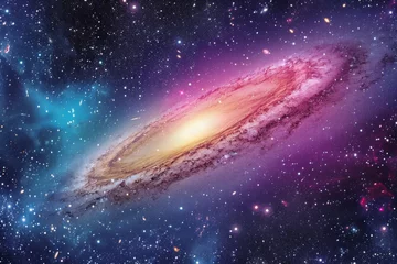 Deurstickers The Andromedus galaxy occupies the forefront of the image while numerous stars create a dazzling backdrop, A candy-colored depiction of Andromeda galaxy, AI Generated © Ifti Digital