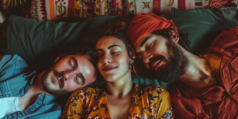 Love Triangle | Polyamores Paar liegt gemeinsam im Bett
 - obrazy, fototapety, plakaty