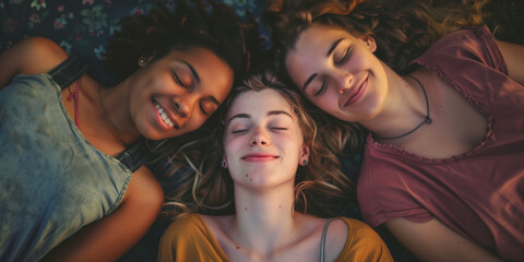 Drei Freundinnenliegen mit den Köpfen dicht beieinander auf dem Boden - obrazy, fototapety, plakaty
