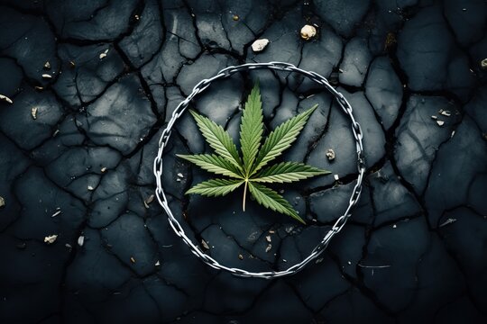 Marijuana leaf on black and cracked burnt earth.