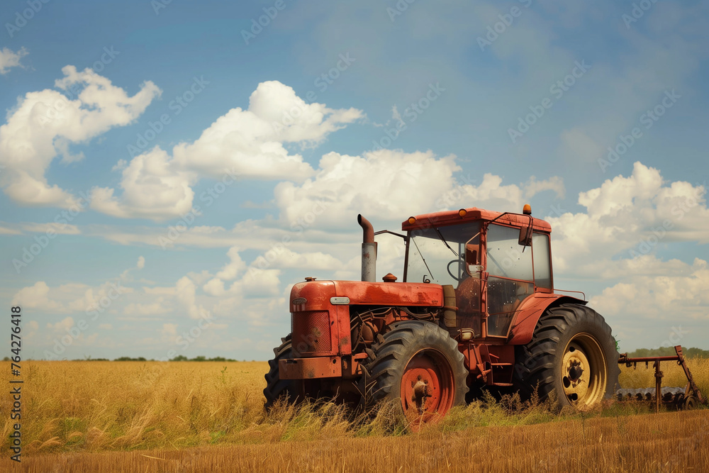 Poster tractors are driving through a field of wheat. the first tractor is a combine harvester, while the s