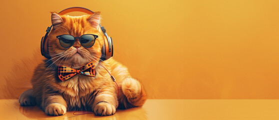 Cute fat orange cat in the headphones on the orange-yellow background - Powered by Adobe