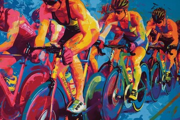 A vibrant painting showing a group of individuals happily riding bicycles together, A chaotic, colorful representation of a spin class, AI Generated