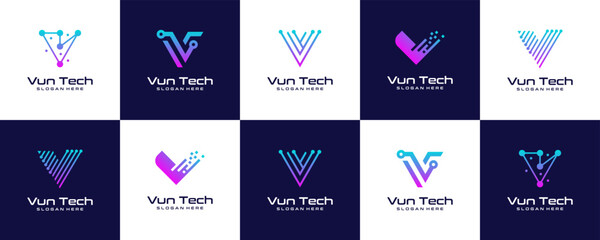 modern V tech vector logo set