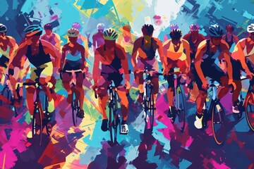 This photo depicts a lively scene of a group of individuals riding bicycles together, A chaotic, colorful representation of a spin class, AI Generated