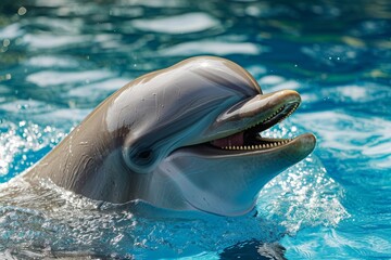 A dolphin leaps out of the water with its mouth wide open, capturing a fish in its powerful jaws, A charismatic portrait of a playful bottlenose dolphin, AI Generated