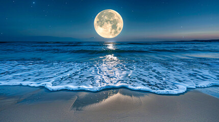 Moonlit sea, romantic night landscape, tranquil ocean reflection, natural beauty - obrazy, fototapety, plakaty