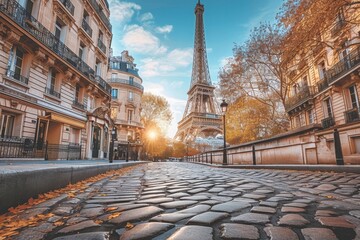 The iconic Eiffel Tower stands tall and dominates the cityscape of Paris, A charming cobblestone...