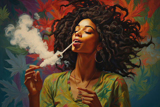 A smiling girl smokes a joint of marijuana.