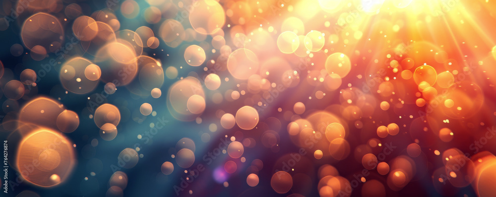 Poster Warm glowing bokeh background, with particles that transition from a deep blue to a radiant orange, creating a festive and dynamic atmosphere. Creative light background
