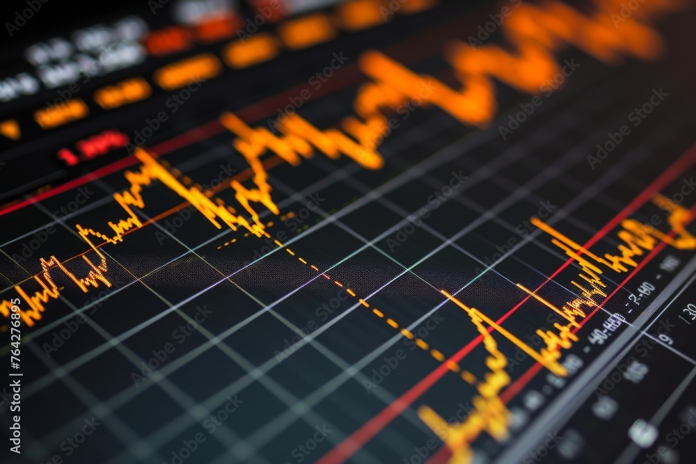 Poster a zoomed-in view of a real-time stock market chart being displayed on a computer monitor, a chart di