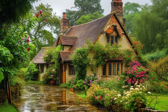 A realistic painting depicting a house surrounded by rain, capturing the mood and atmosphere of a wet day, A charming old English cottage with a blooming garden under a gentle rain, AI Generated