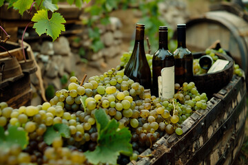 A bottle of wine and a glass of wine are on a table with a bunch of grapes. The grapes are in a bowl and there are a few more grapes on the table