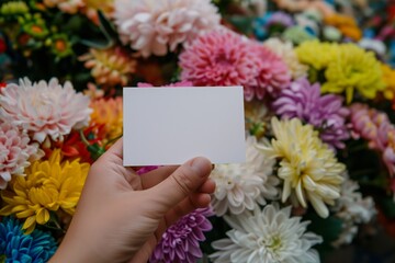 Hand Holding Blank Business Card Against Vibrant Flower Market - Floral Business Concept
