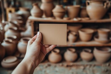 Hand Showcasing a Blank Brown Business Card in Pottery Studio - Rustic Craft Business Mockup