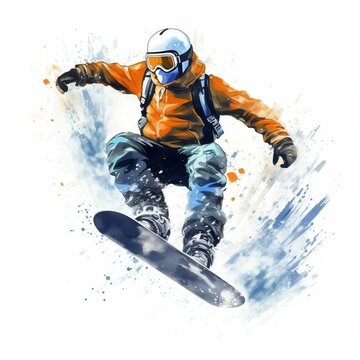 Illustration painting of a snowboarding on a white background.