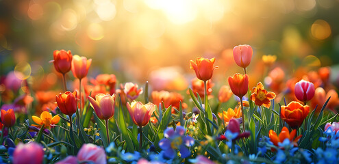 An abstract nature spring background with vibrant flowers, suitable for banners and seasonal designs.