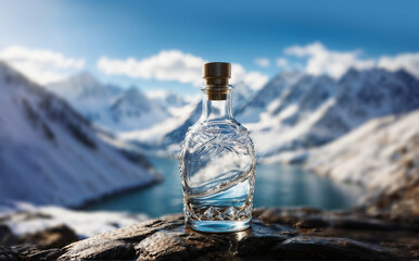Bottle of healthy natural mineral water on a rock in an ecological landscape snowy mountain in winter in the background