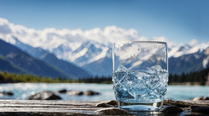 A glass of healthy natural mineral water on a rock in an ecological landscape snowy mountain