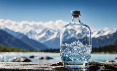 Bottle of healthy natural mineral water on a rock in an ecological landscape snowy mountain in winter in the background