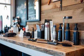 Assorted Hair Brushes on Wooden Counter, A chic hair salon with a variety of hair tools on the counter, AI Generated - obrazy, fototapety, plakaty