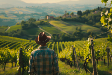 Fototapeta premium A man wearing a hat stands in a vineyard. The vineyard is lush and green, with rows of vines stretching out in front of him. The man is taking in the beauty of the landscape