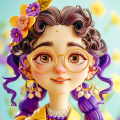 Cartoon of a Cute and Gleeful Woman with Glasses and Bold Earrings Flashing a Bright Smile Digital Art