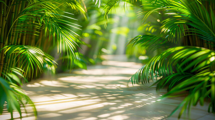 Tropical jungle pathway, green nature exploration, serene travel landscape