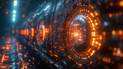 Future technology concept. Big computer background. Selective focus. Copy space. 