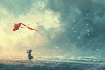 A person joyfully flies a colorful kite against the backdrop of cloudy skies, A child's kite flying high in a windy storm, AI Generated - obrazy, fototapety, plakaty