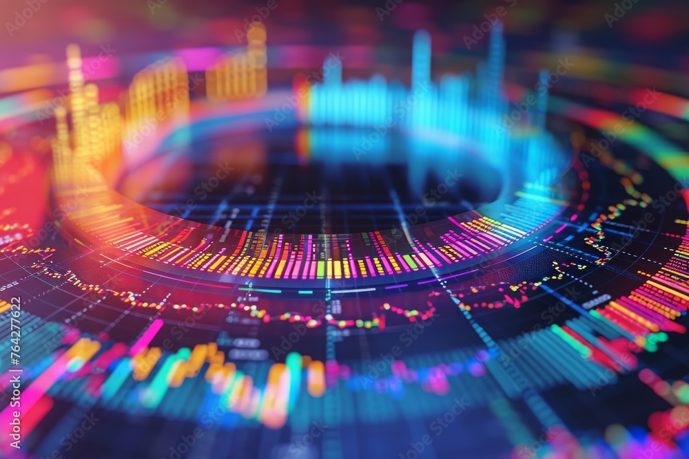 Poster a vibrant and lively close-up image featuring a colorful abstract background, a circular diagram sho