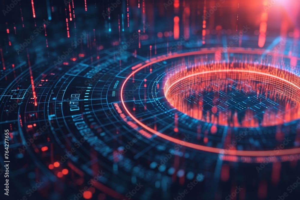 Poster an abstract image showcasing a circle in the center of a dark background, a circular diagram showing