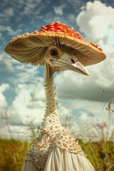an surreal anthropomorphic hybrid bird with a mushroom growing out his head