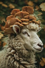 an surreal anthropomorphic hybrid sheep with mushrooms growing out his head