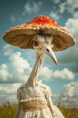 an surreal anthropomorphic hybrid bird with a mushroom growing out his head