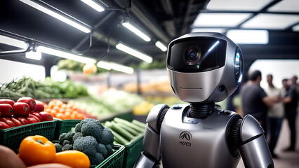 A small humanoid robot in a silver body works at a vegetable market in the city - obrazy, fototapety, plakaty