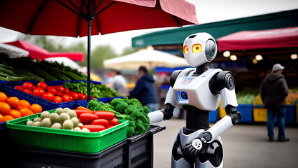 A small humanoid robot works at a vegetable market in the city.