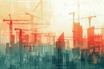 A Cityscape With Numerous Tall Buildings and Construction Cranes, A city growth illustration overlaid with contemporary construction images, AI Generated