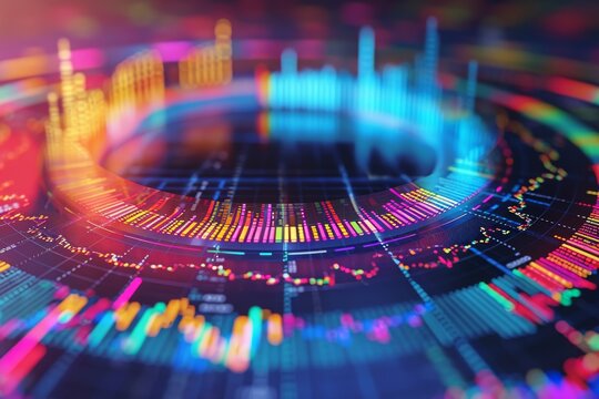 A vibrant and lively close-up image featuring a colorful abstract background, A circular diagram showing different sectors of the stock market, AI Generated