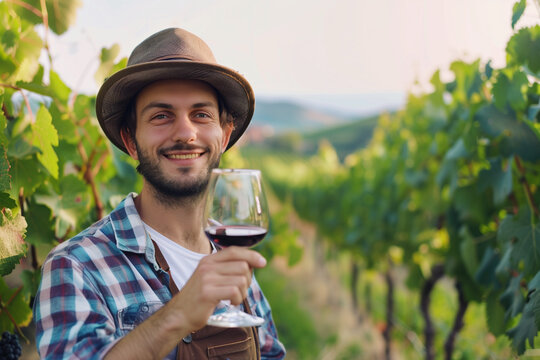 A man wearing a straw hat and a white shirt is holding a glass of wine. He is smiling and he is enjoying the moment