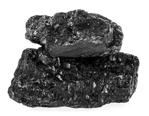 Large coal lumps isolated on a white background. Pile of black coal. - 764277846