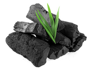 Natural wooden charcoal with bamboo leaves isolated on a white background. Hard wood charcoal powder has medicinal properties. - 764277866