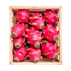 dragon fruits in wooden crate isolated on transparent or white background, png