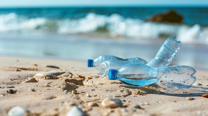 Plastic Bottle Laying in Sand - obrazy, fototapety, plakaty