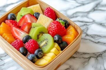 A detailed close up of a bowl filled with various fruits placed on a wooden table, A colorful fruit salad contained in a bamboo lunch box, AI Generated