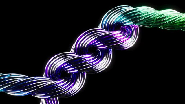 Rainbow glowing wire in the shape of an electric braided knot, on black back 4k