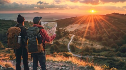 Hikers With Map Overlooking Sunset From Hilltop